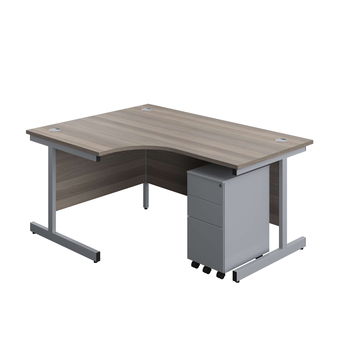 Single Upright Left Hand Radial Desk + Slimline Steel Pedestal 3 Drawers (FSC) | 1600 X 1200 | Grey Oak/Silver