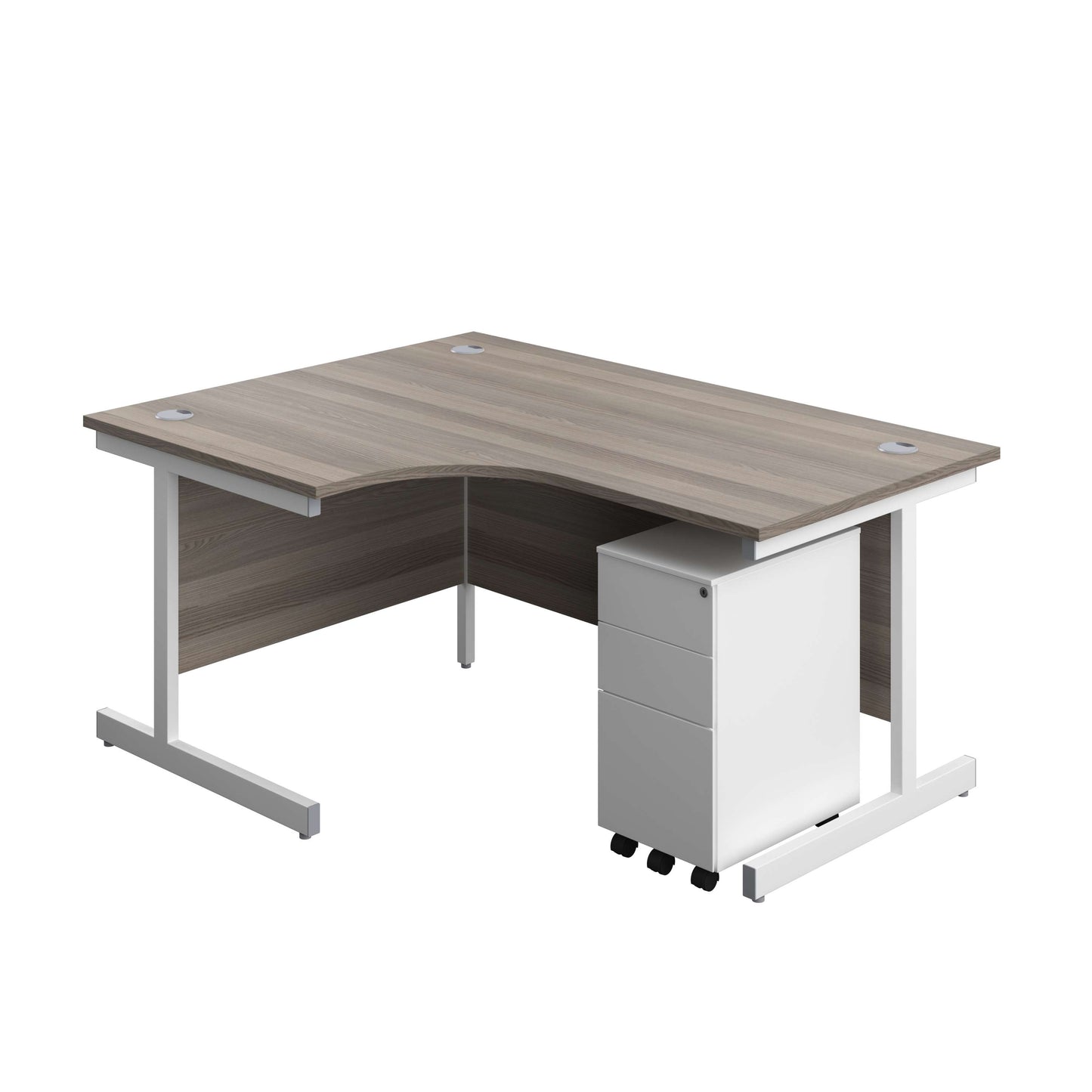 Single Upright Left Hand Radial Desk + Slimline Steel Pedestal 3 Drawers (FSC) | 1600 X 1200 | Grey Oak/White