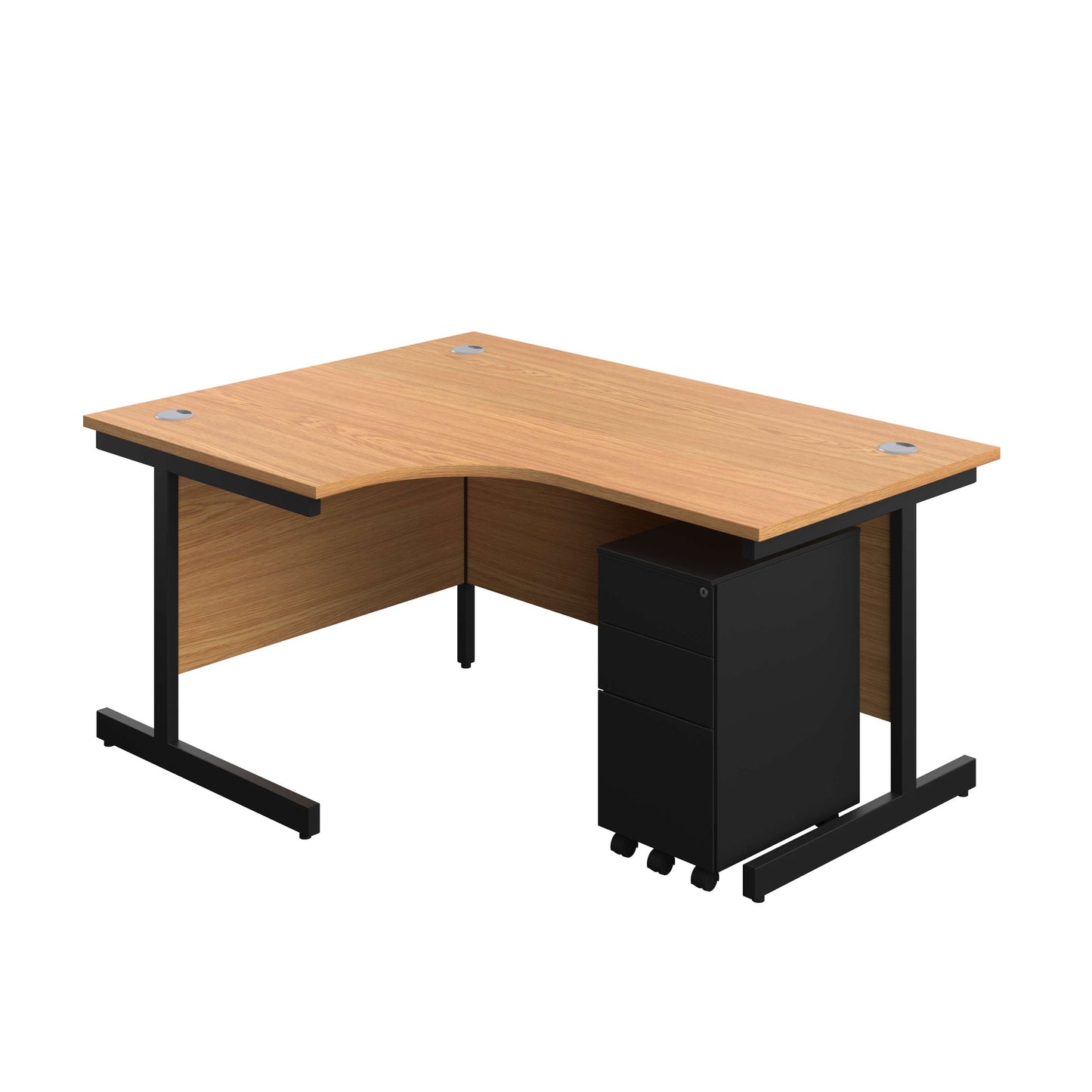 Single Upright Left Hand Radial Desk + Slimline Steel Pedestal 3 Drawers (FSC) | 1600 X 1200 | Nova Oak/Black