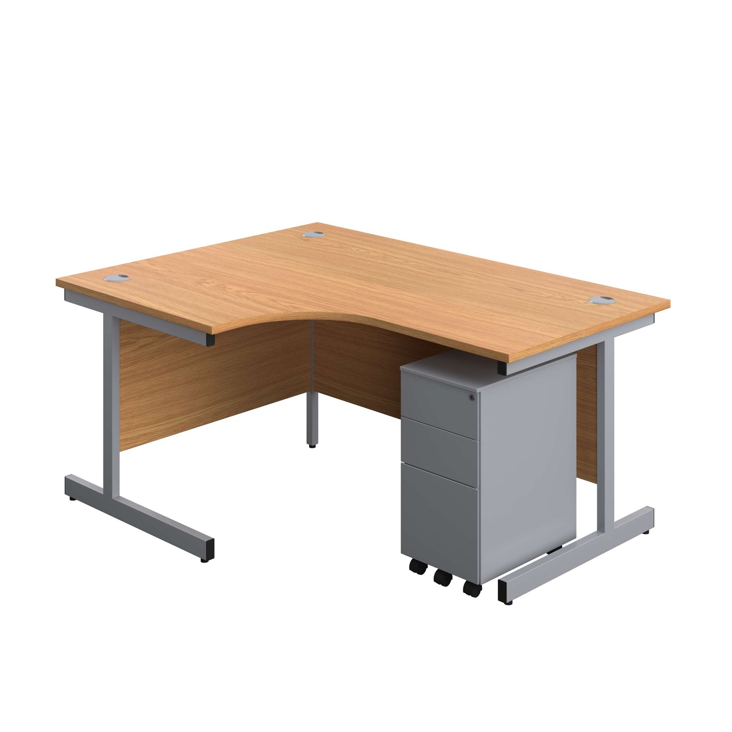 Single Upright Left Hand Radial Desk + Slimline Steel Pedestal 3 Drawers (FSC) | 1600 X 1200 | Nova Oak/Silver