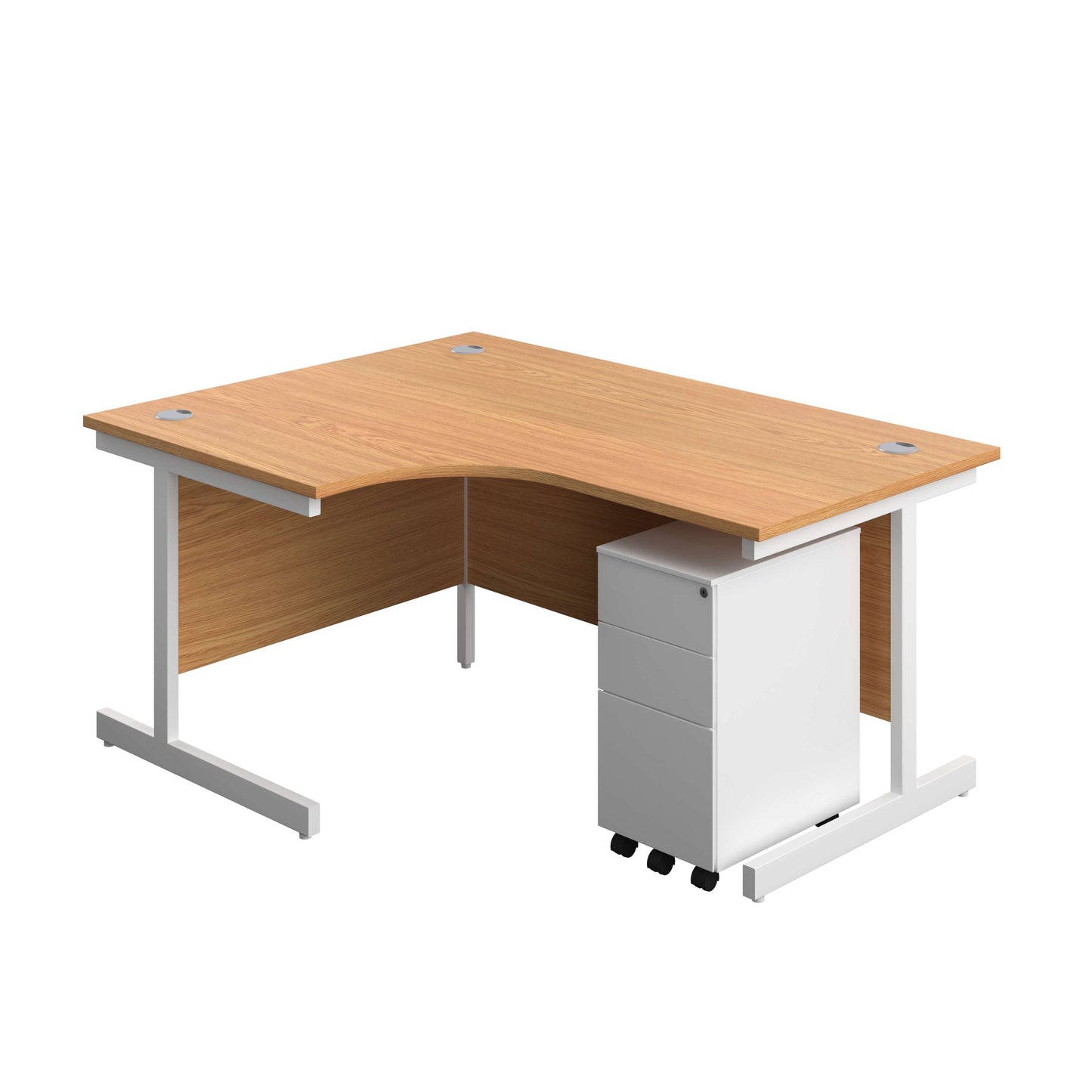 Single Upright Left Hand Radial Desk + Slimline Steel Pedestal 3 Drawers (FSC) | 1600 X 1200 | Nova Oak/White