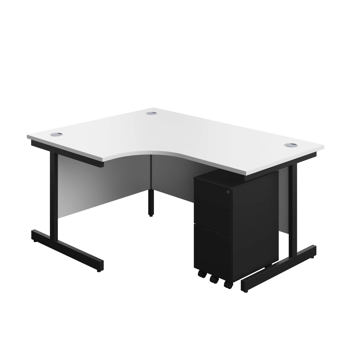Single Upright Left Hand Radial Desk + Slimline Steel Pedestal 3 Drawers (FSC) | 1600 X 1200 | White/Black
