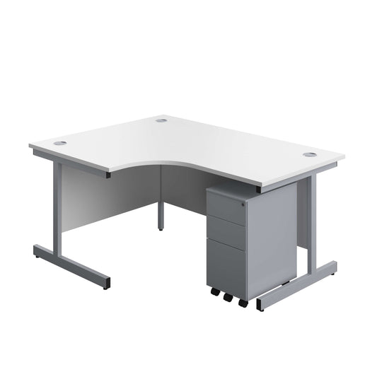 Single Upright Left Hand Radial Desk + Slimline Steel Pedestal 3 Drawers (FSC) | 1600 X 1200 | White/Silver