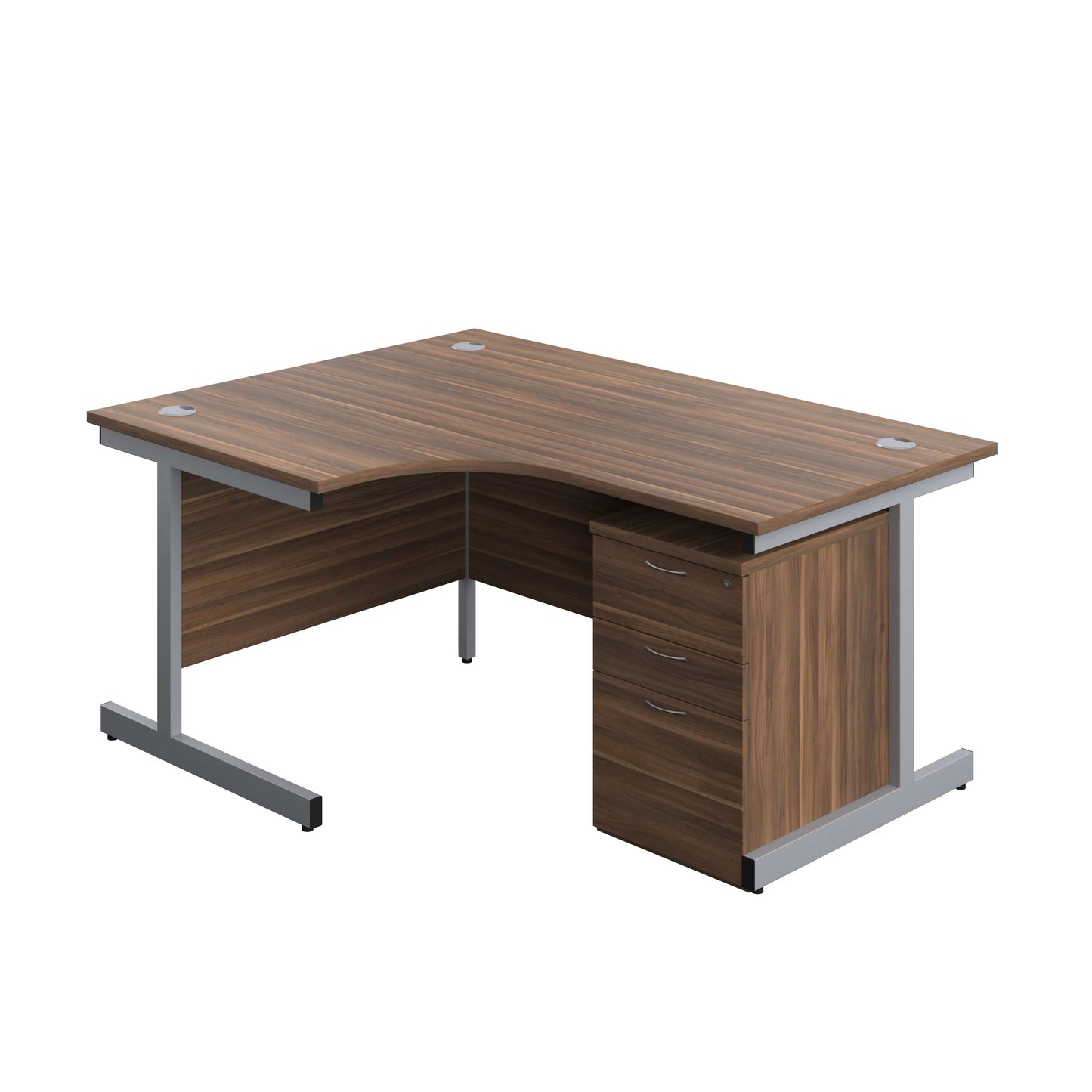 Single Upright Left Hand Radial Desk + High Mobile Pedestal 3 Drawer (FSC) | 1600 X 1200 | Dark Walnut/Silver