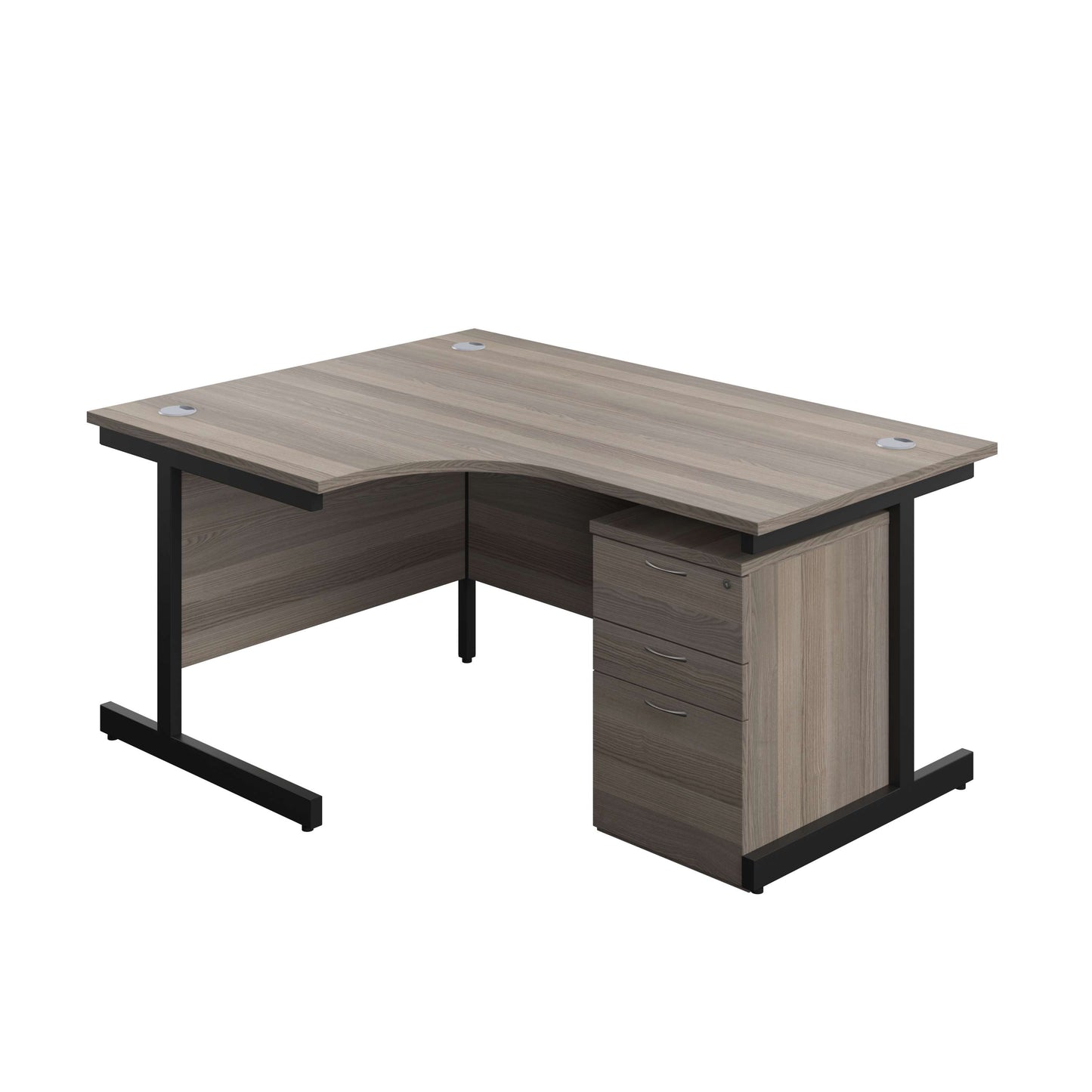 Single Upright Left Hand Radial Desk + High Mobile Pedestal 3 Drawer (FSC) | 1600 X 1200 | Grey Oak/Black