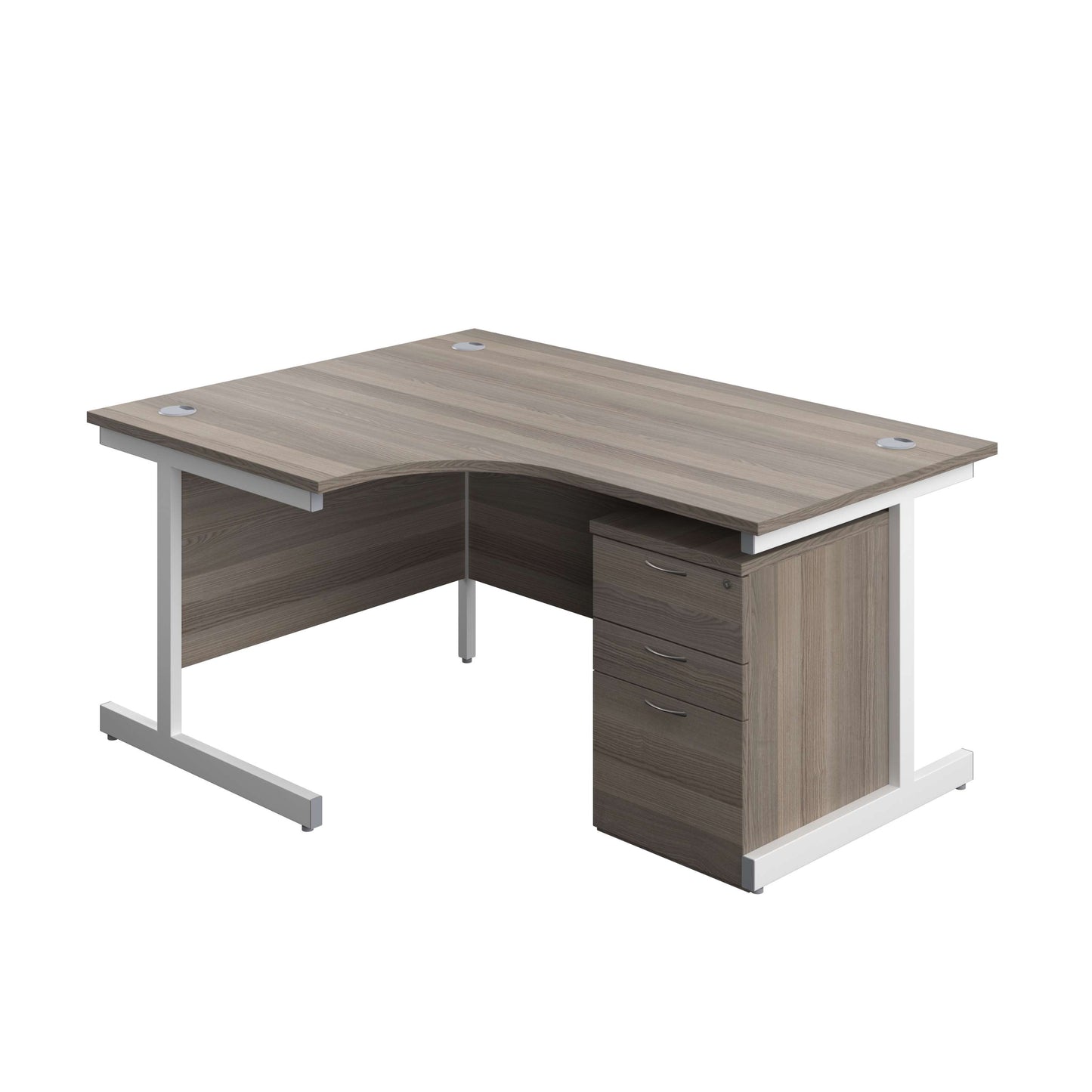 Single Upright Left Hand Radial Desk + High Mobile Pedestal 3 Drawer (FSC) | 1600 X 1200 | Grey Oak/White
