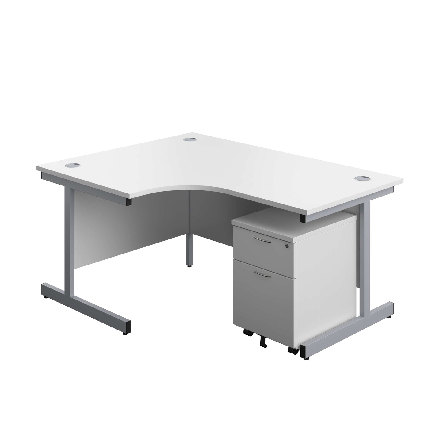 Single Upright Left Hand Radial Desk + Mobile 2 Drawer Pedestal (FSC) | 1600 X 1200 | White/Silver