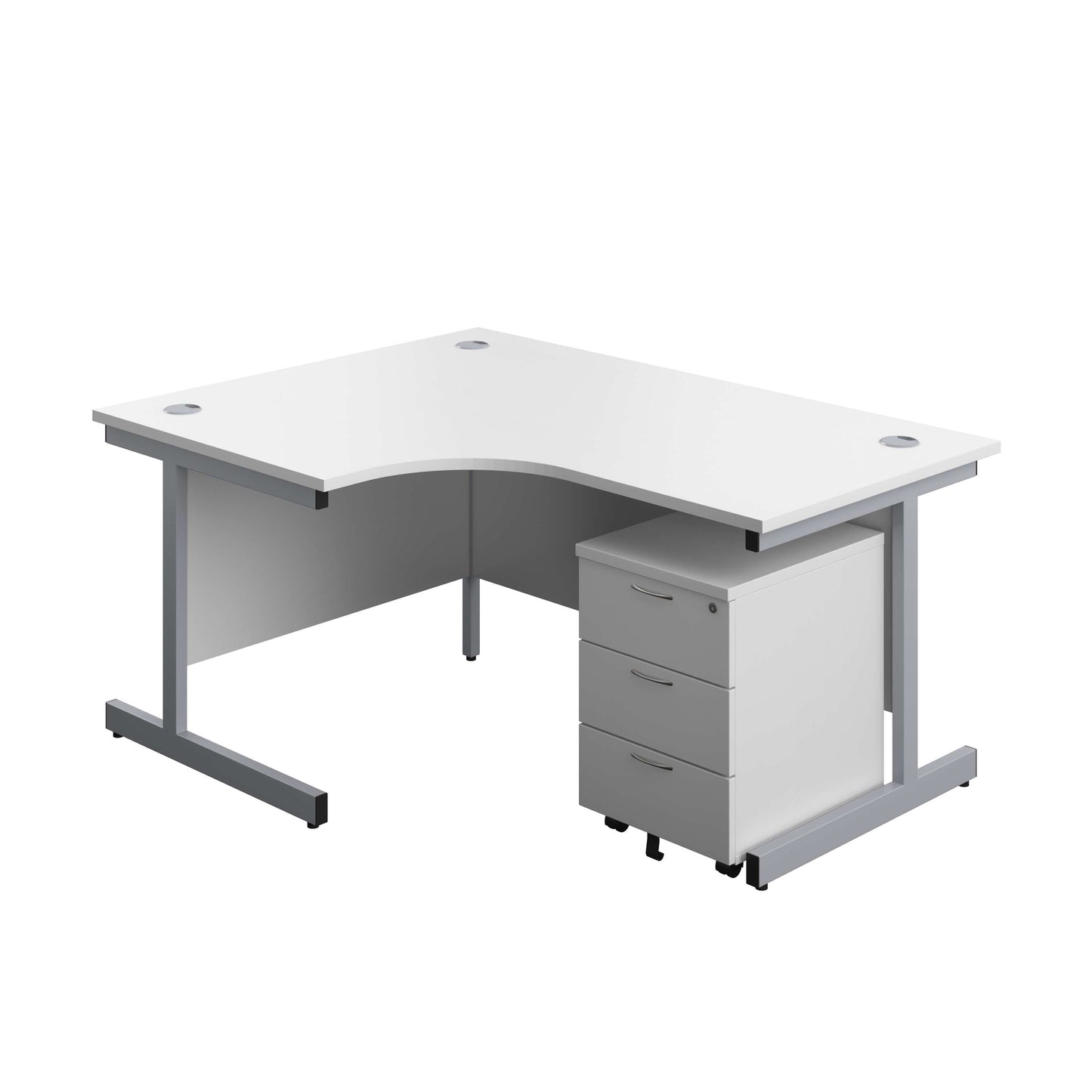 Single Upright Left Hand Radial Desk + Mobile 3 Drawer Pedestal (FSC) | 1600 X 1200 | White/Silver