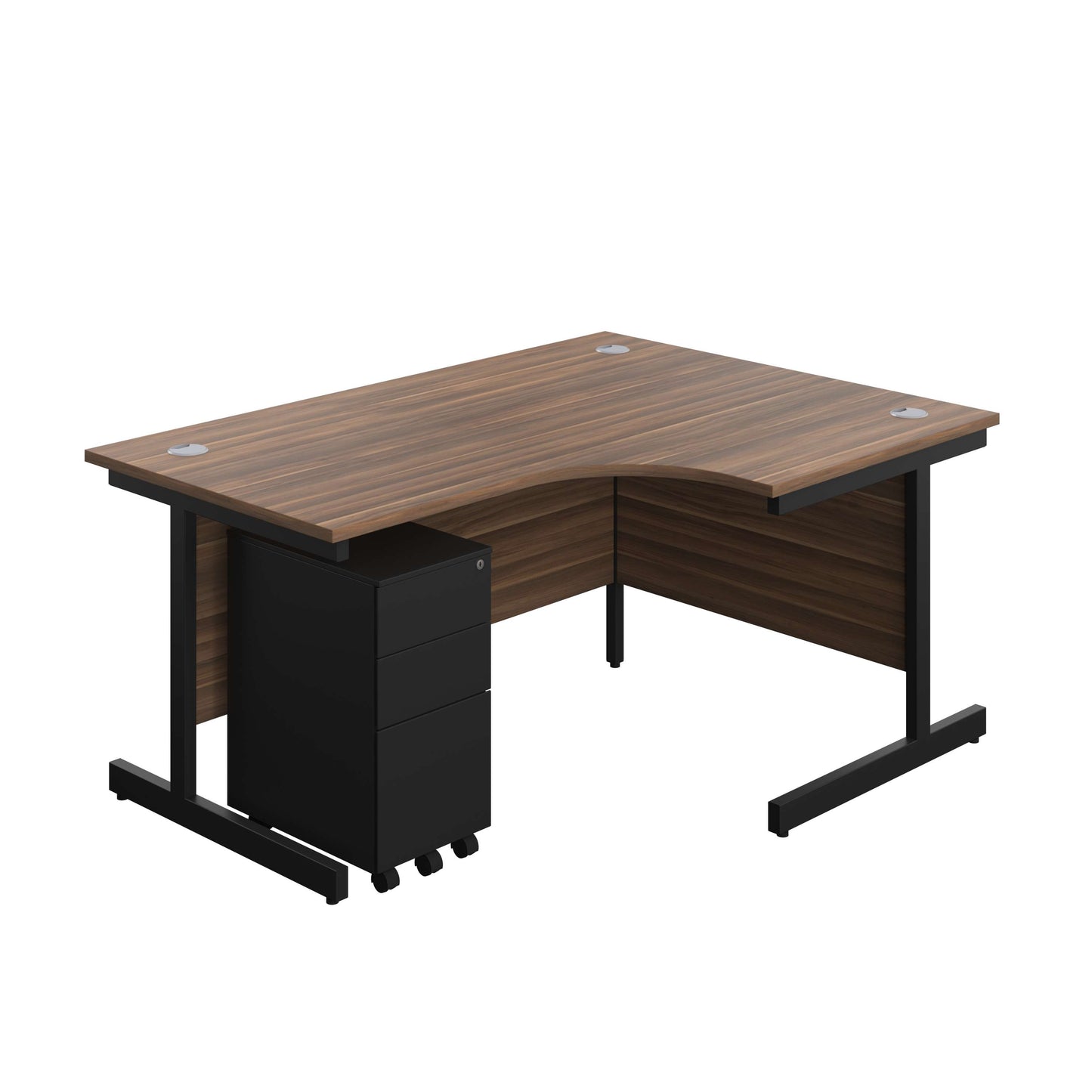 Single Upright Right Hand Radial Desk + Slimline Steel Pedestal 3 Drawers (FSC) | 1600 X 1200 | Dark Walnut/Black