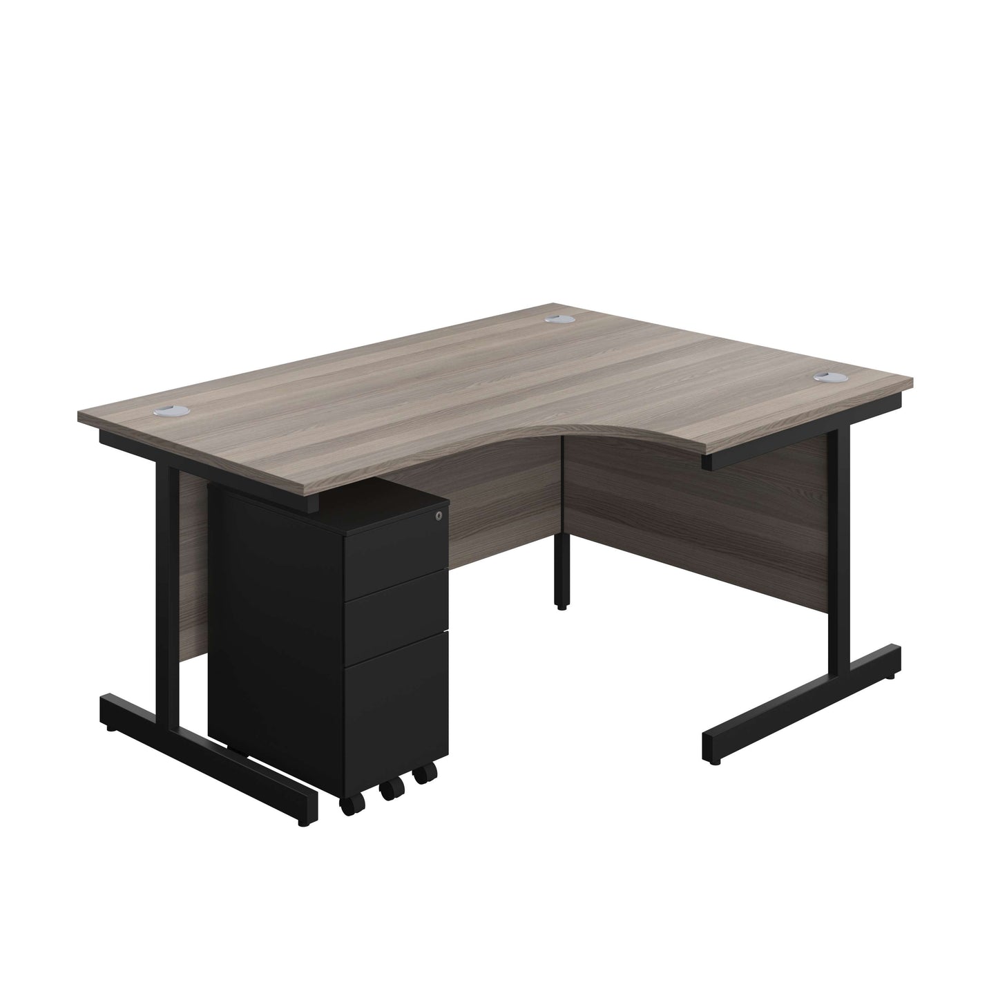Single Upright Right Hand Radial Desk + Slimline Steel Pedestal 3 Drawers (FSC) | 1600 X 1200 | Grey Oak/Black