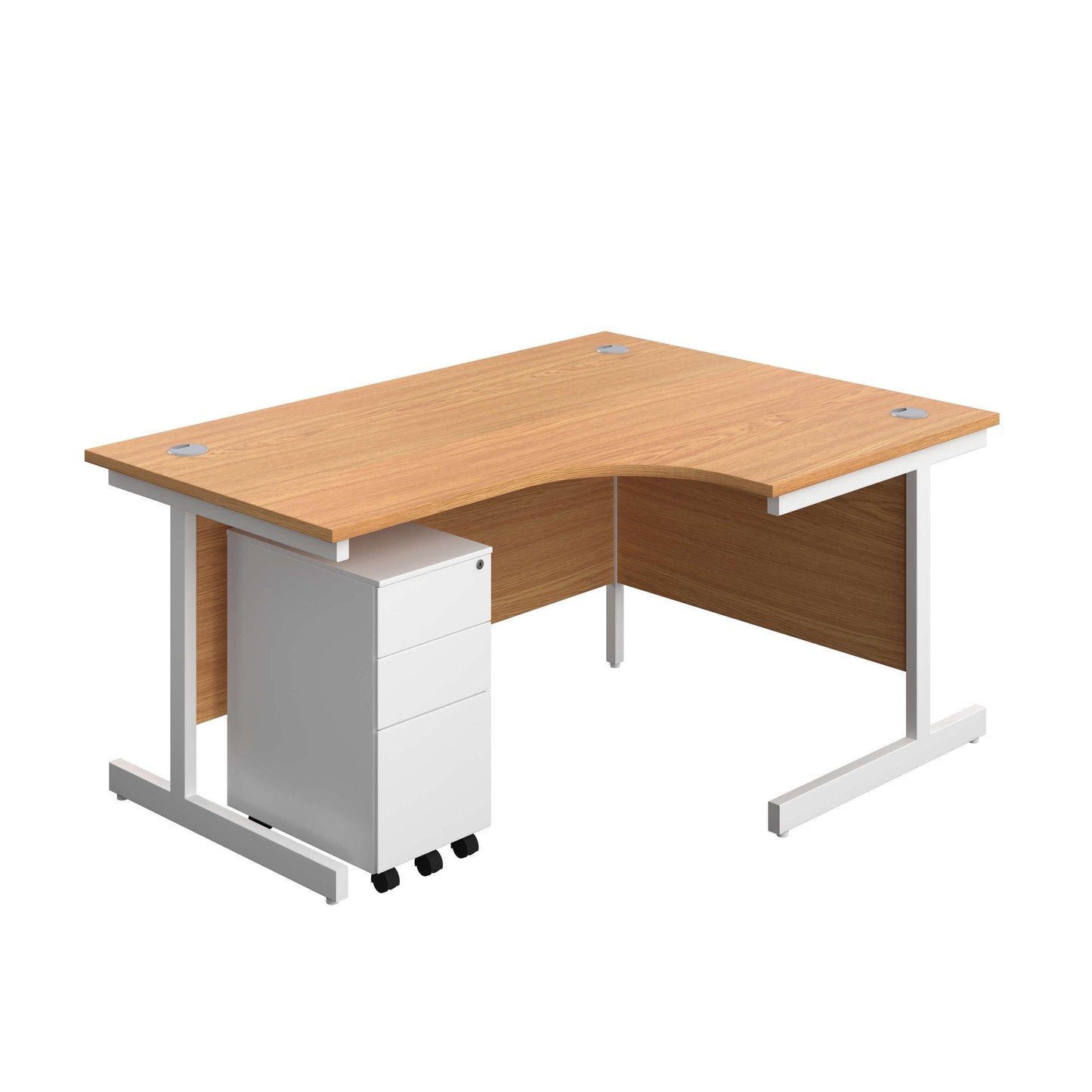 Single Upright Right Hand Radial Desk + Slimline Steel Pedestal 3 Drawers (FSC) | 1600 X 1200 | Nova Oak/White