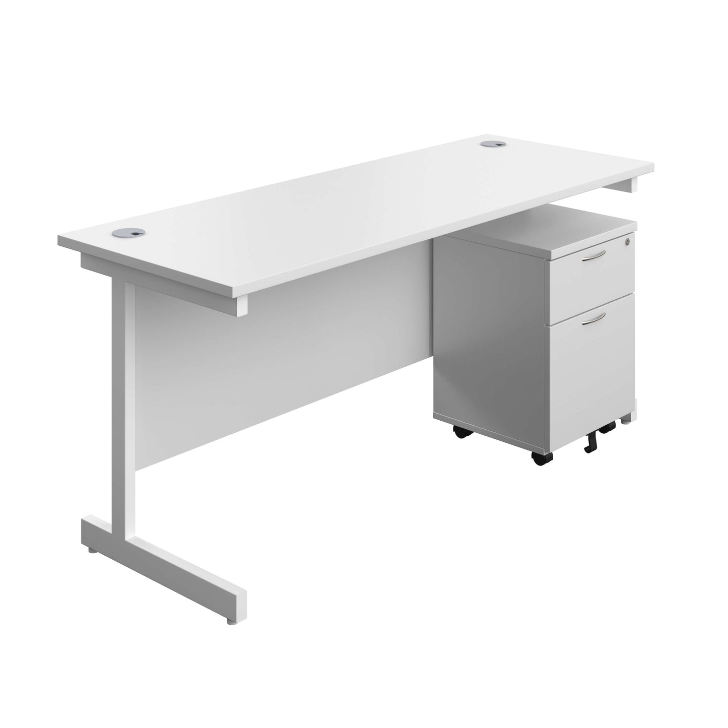 Single Upright Rectangular Desk + Mobile 2 Drawer Pedestal (FSC) | 1600 X 600 | White/White