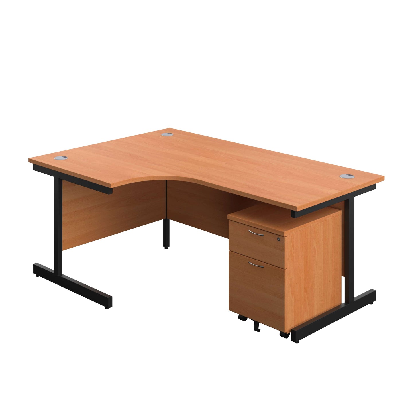 Single Upright Left Hand Radial Desk + Mobile 2 Drawer Pedestal (FSC) | 1800 X 1200 | Beech/Black