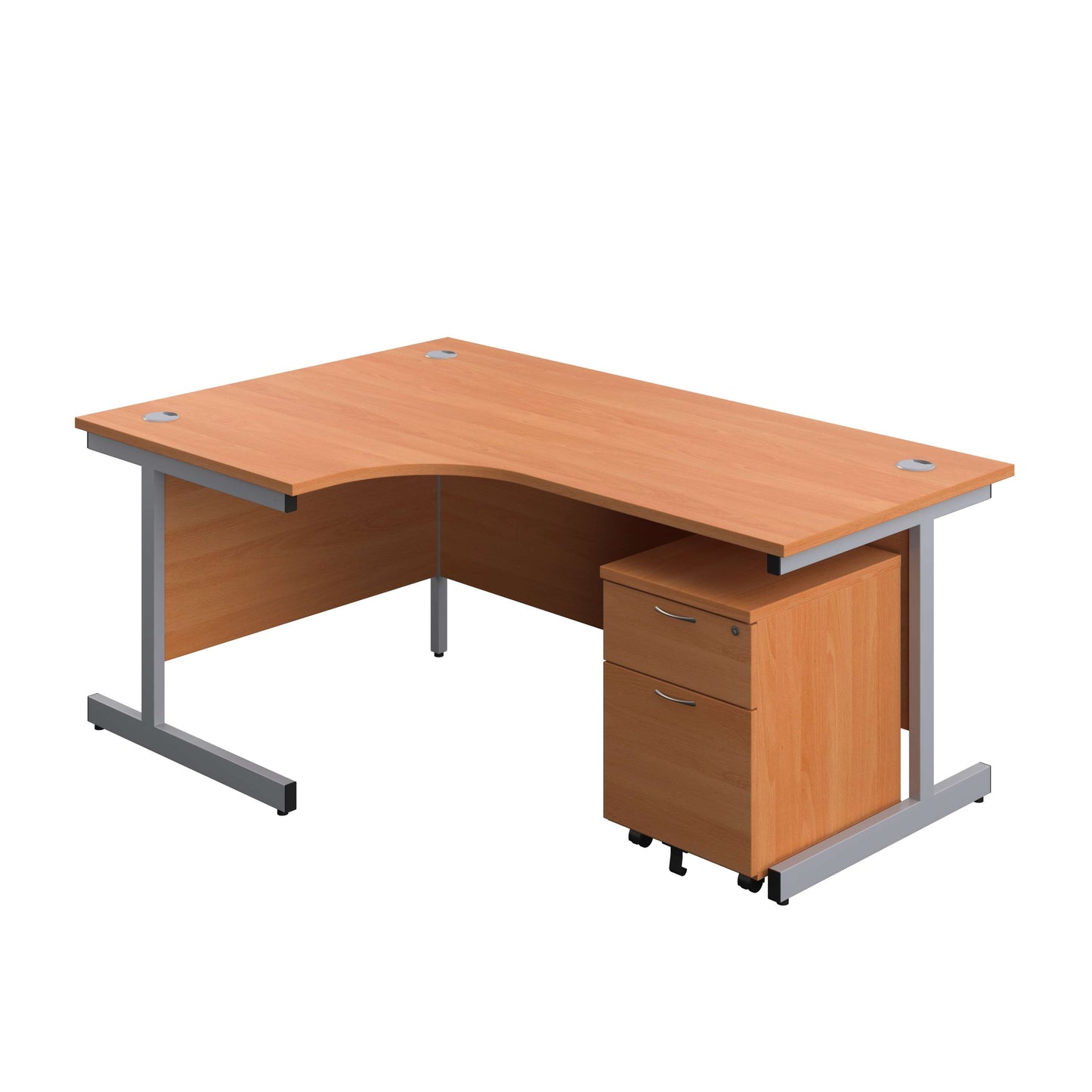 Single Upright Left Hand Radial Desk + Mobile 2 Drawer Pedestal (FSC) | 1800 X 1200 | Beech/Silver