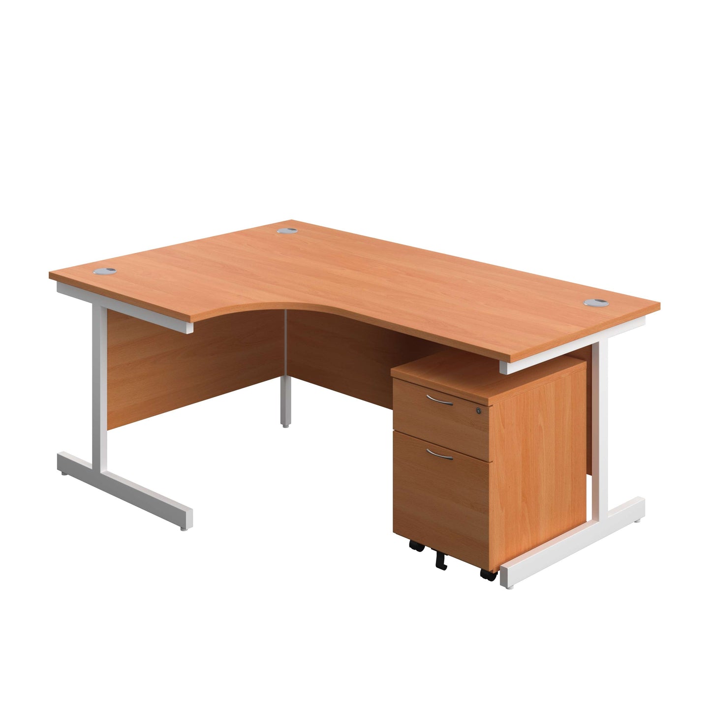 Single Upright Left Hand Radial Desk + Mobile 2 Drawer Pedestal (FSC) | 1800 X 1200 | Beech/White
