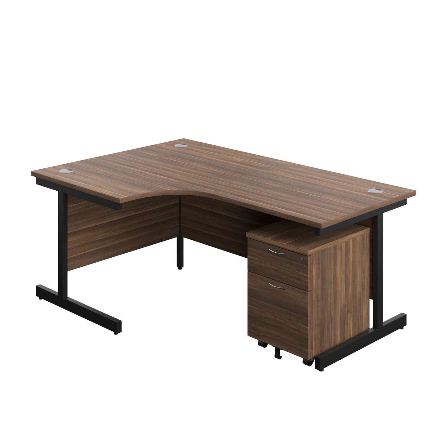 Single Upright Left Hand Radial Desk + Mobile 2 Drawer Pedestal (FSC) | 1800 X 1200 | Dark Walnut/Black