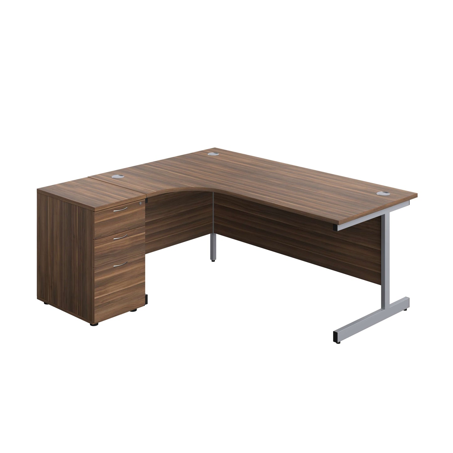 Single Upright Left Hand Radial Desk + Desk High 3 Drawer Pedestal (FSC) | 1800 X 1200 | 600mm Deep Pedestal | Dark Walnut/Silver