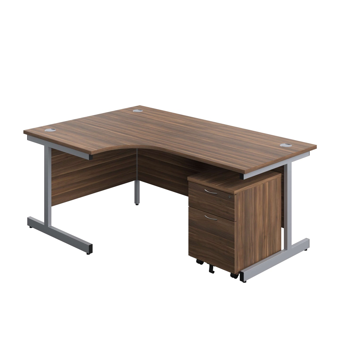 Single Upright Left Hand Radial Desk + Mobile 2 Drawer Pedestal (FSC) | 1800 X 1200 | Dark Walnut/Silver