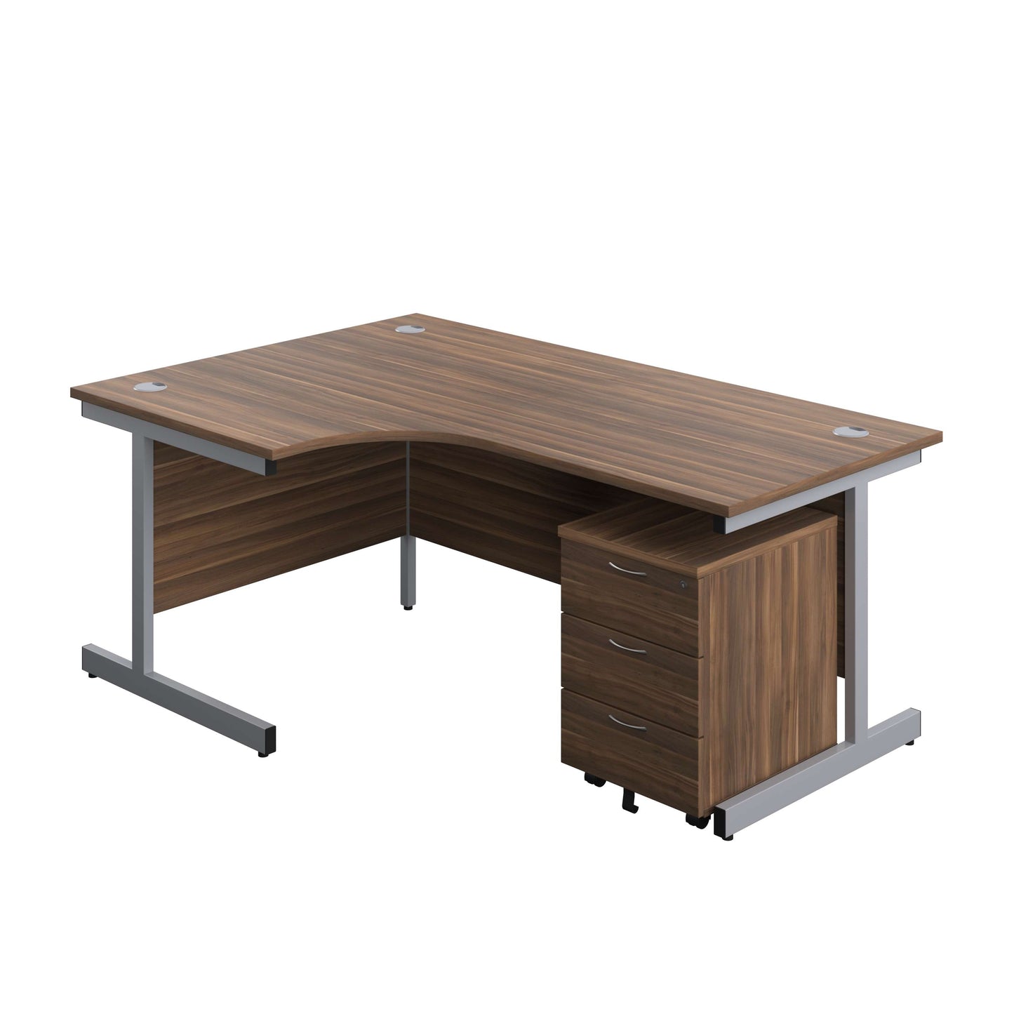 Single Upright Left Hand Radial Desk + Mobile 3 Drawer Pedestal (FSC) | 1800 X 1200 | Dark Walnut/Silver
