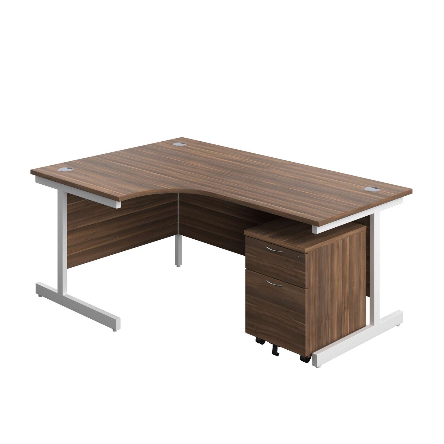 Single Upright Left Hand Radial Desk + Mobile 2 Drawer Pedestal (FSC) | 1800 X 1200 | Dark Walnut/White