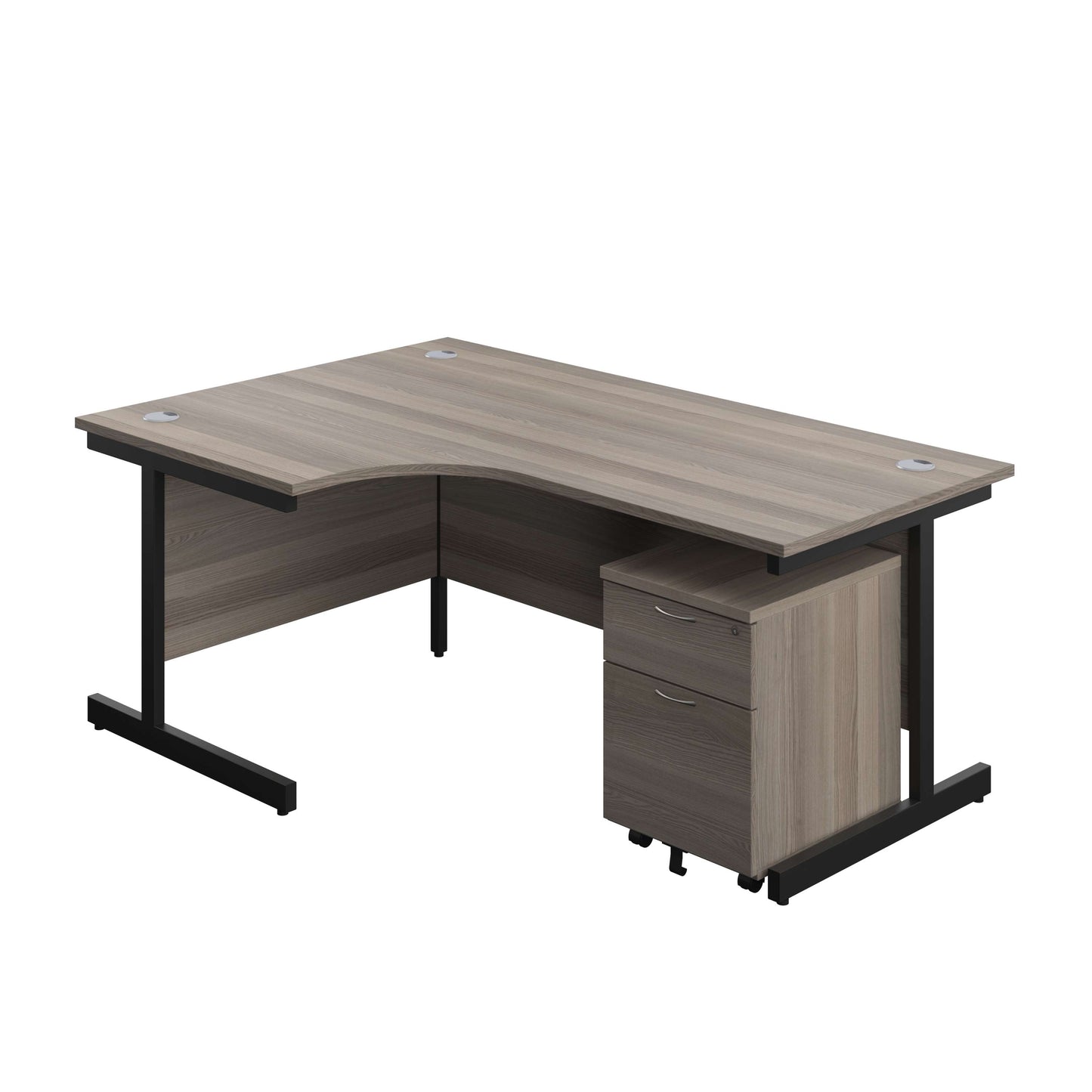 Single Upright Left Hand Radial Desk + Mobile 2 Drawer Pedestal (FSC) | 1800 X 1200 | Grey Oak/Black