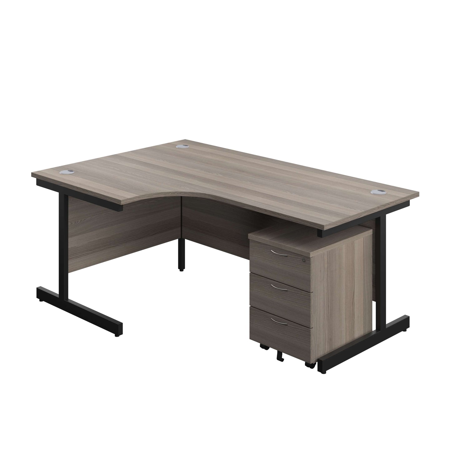 Single Upright Left Hand Radial Desk + Mobile 3 Drawer Pedestal (FSC) | 1800 X 1200 | Grey Oak/Black