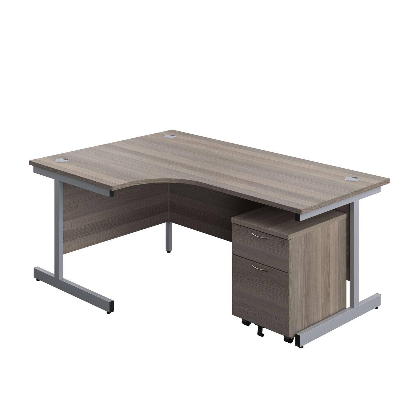 Single Upright Left Hand Radial Desk + Mobile 2 Drawer Pedestal (FSC) | 1800 X 1200 | Grey Oak/Silver