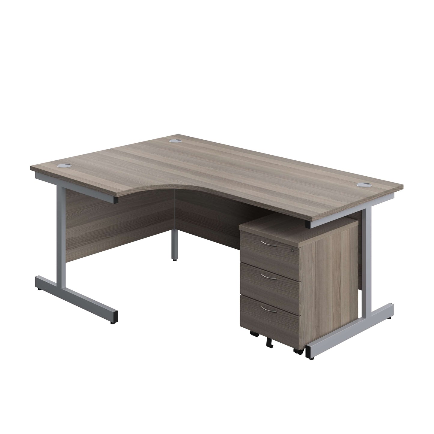 Single Upright Left Hand Radial Desk + Mobile 3 Drawer Pedestal (FSC) | 1800 X 1200 | Grey Oak/Silver