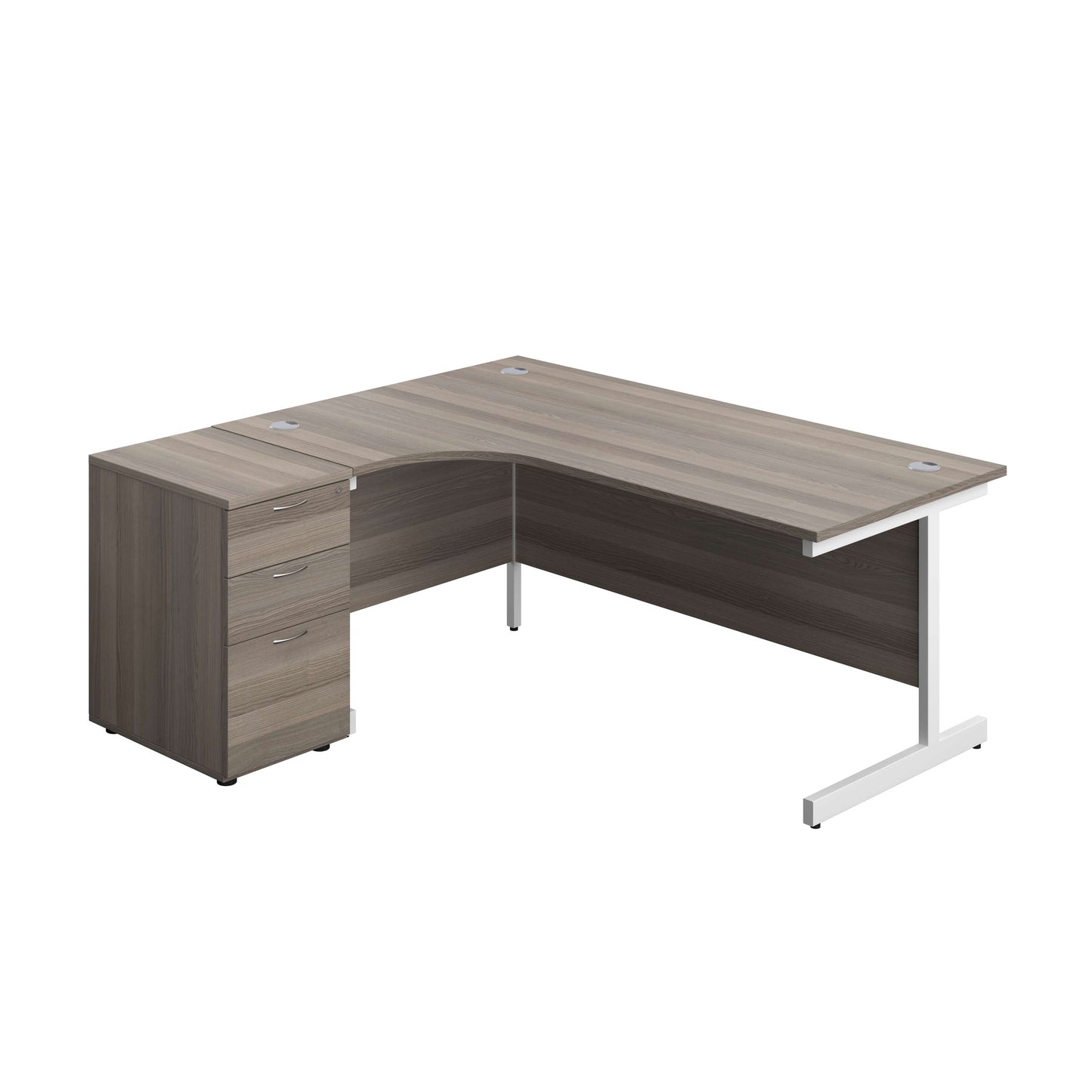 Single Upright Left Hand Radial Desk + Desk High 3 Drawer Pedestal (FSC) | 1800 X 1200 | 600mm Deep Pedestal | Grey Oak/White