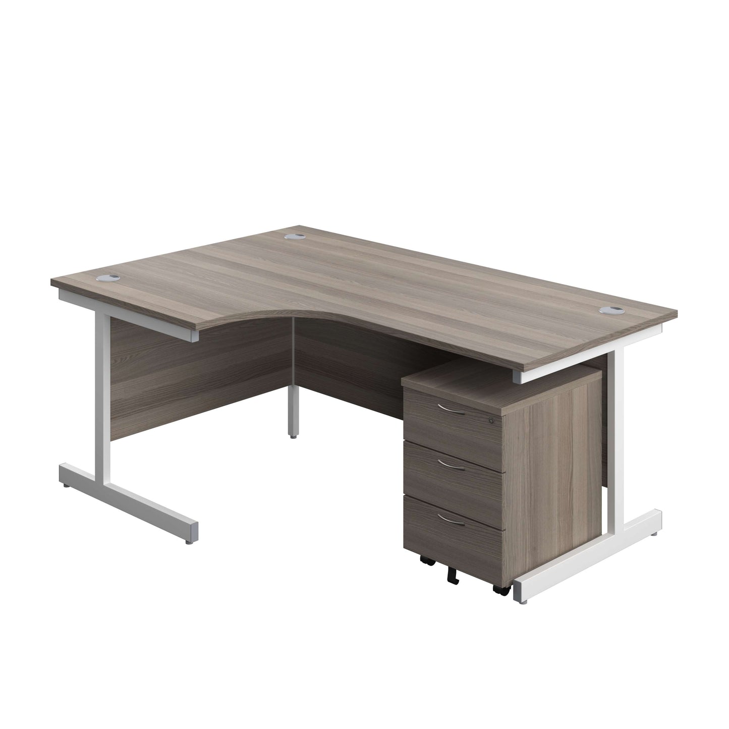 Single Upright Left Hand Radial Desk + Mobile 3 Drawer Pedestal (FSC) | 1800 X 1200 | Grey Oak/White