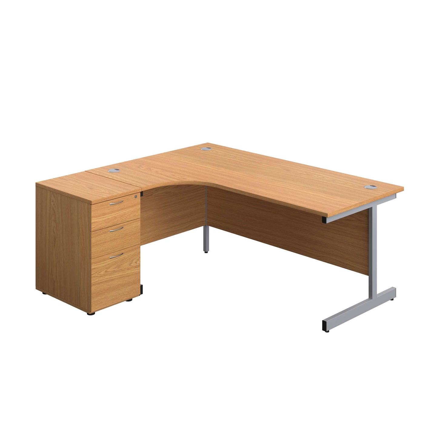 Single Upright Left Hand Radial Desk + Desk High 3 Drawer Pedestal (FSC) | 1800 X 1200 | 600mm Deep Pedestal | Nova Oak/Silver