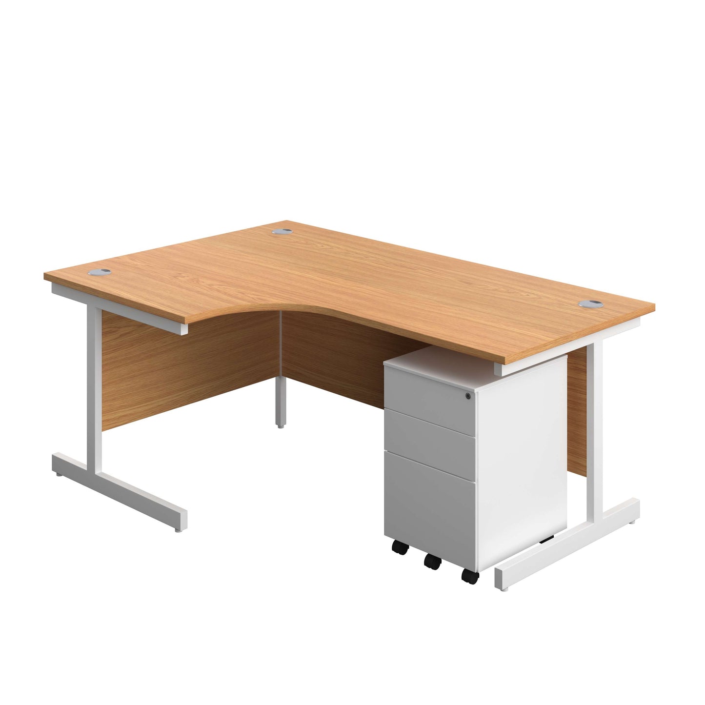 Single Upright Left Hand Radial Desk + Under Desk Steel Pedestal 3 Drawers (FSC) | 1800 X 1200 | Nova Oak/White