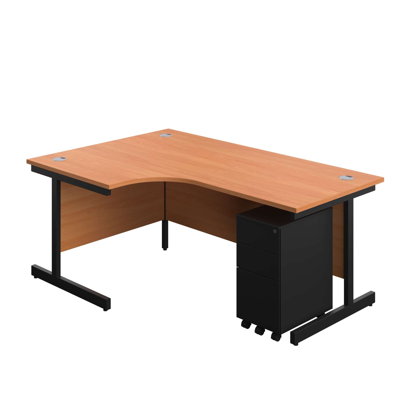 Single Upright Left Hand Radial Desk + Slimline Steel Pedestal 3 Drawers (FSC) | 1800 X 1200 | Beech/Black