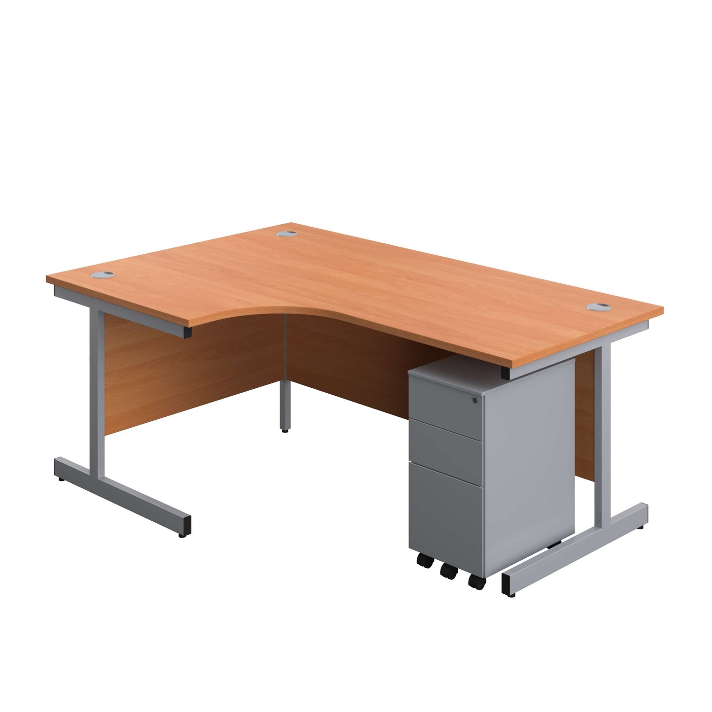 Single Upright Left Hand Radial Desk + Slimline Steel Pedestal 3 Drawers (FSC) | 1800 X 1200 | Beech/Silver