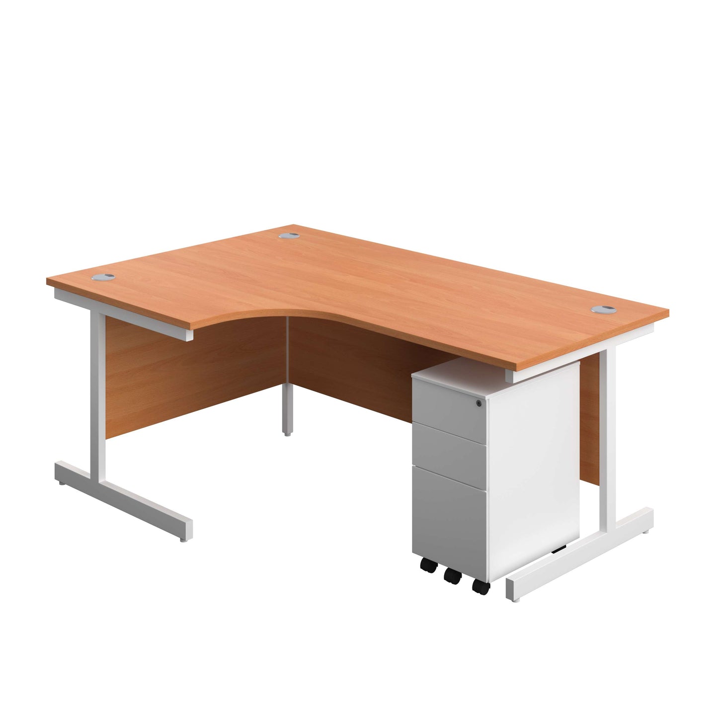 Single Upright Left Hand Radial Desk + Slimline Steel Pedestal 3 Drawers (FSC) | 1800 X 1200 | Beech/White