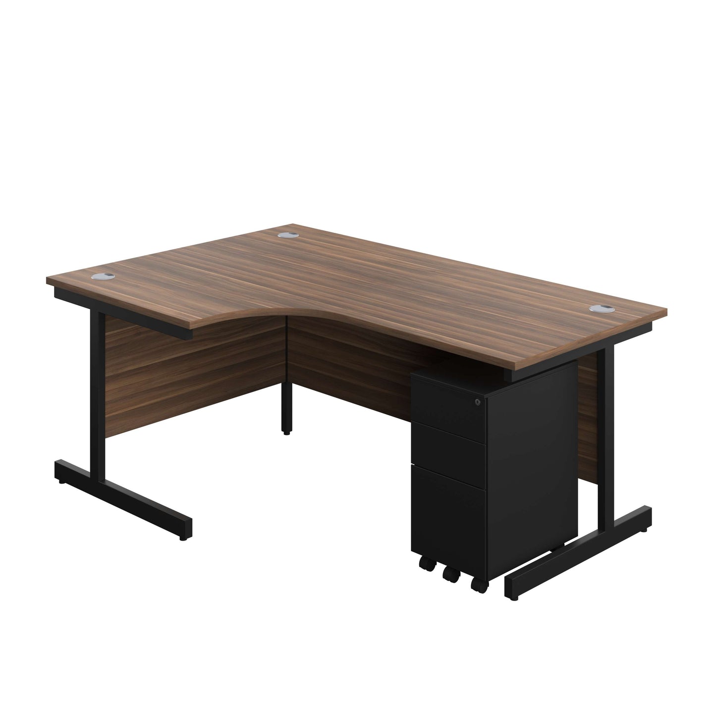 Single Upright Left Hand Radial Desk + Slimline Steel Pedestal 3 Drawers (FSC) | 1800 X 1200 | Dark Walnut/Black