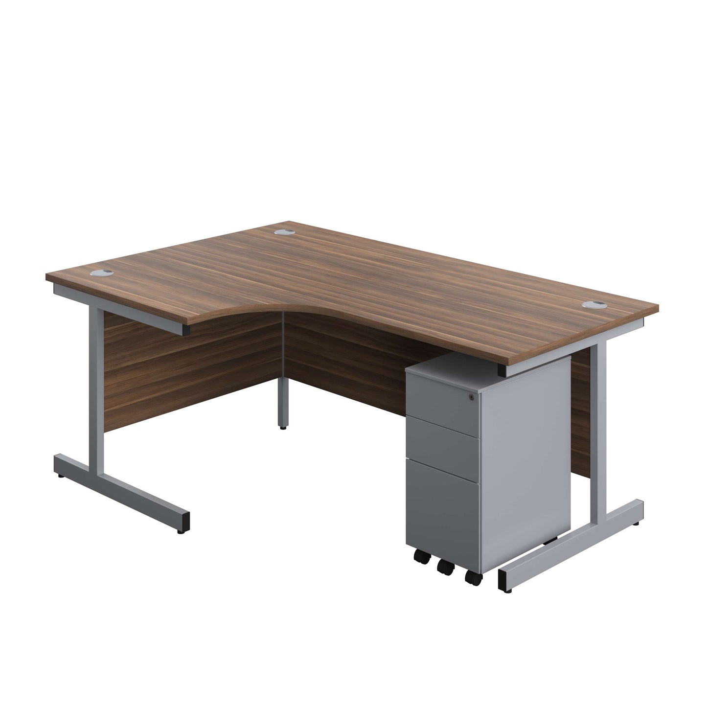 Single Upright Left Hand Radial Desk + Slimline Steel Pedestal 3 Drawers (FSC) | 1800 X 1200 | Dark Walnut/Silver