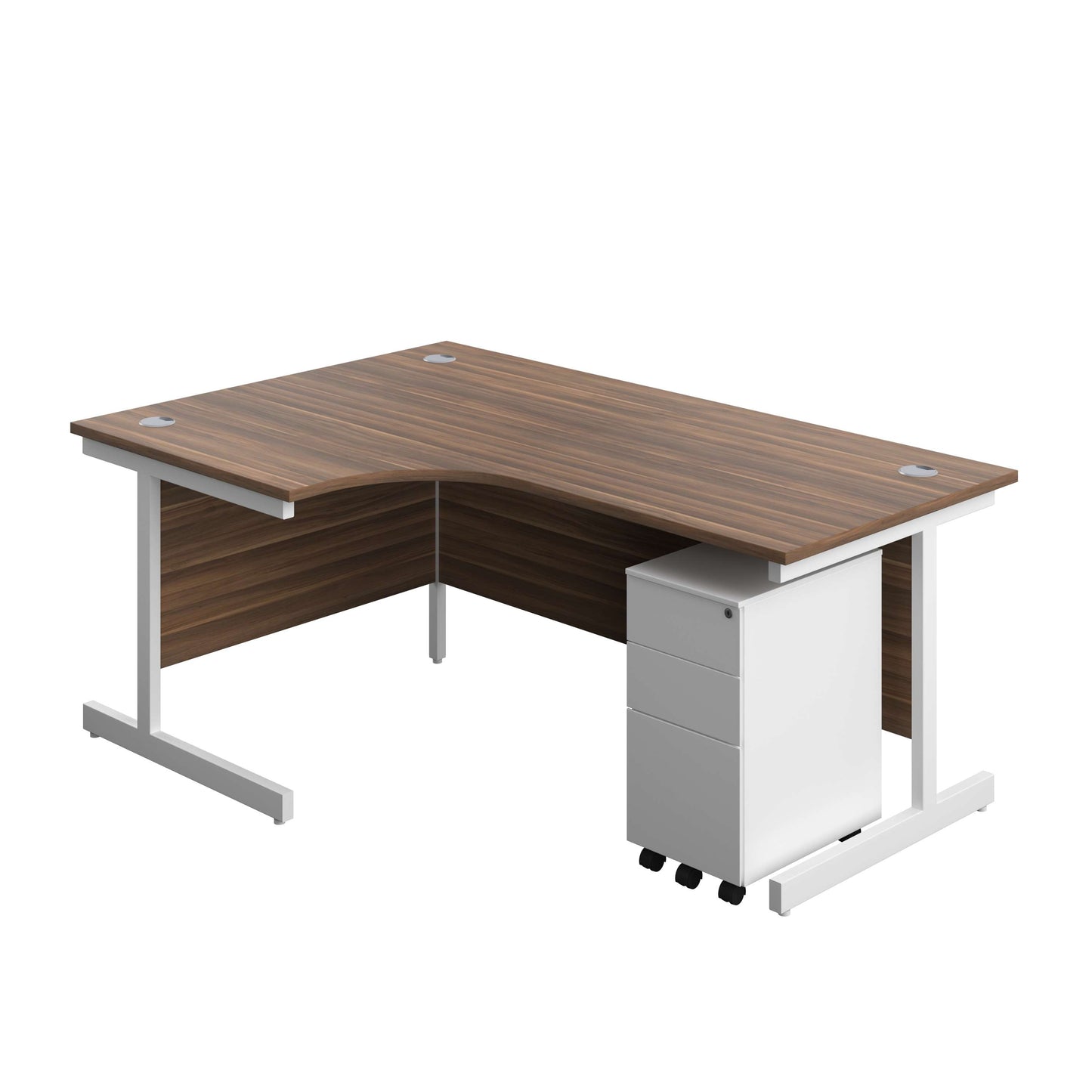 Single Upright Left Hand Radial Desk + Slimline Steel Pedestal 3 Drawers (FSC) | 1800 X 1200 | Dark Walnut/White