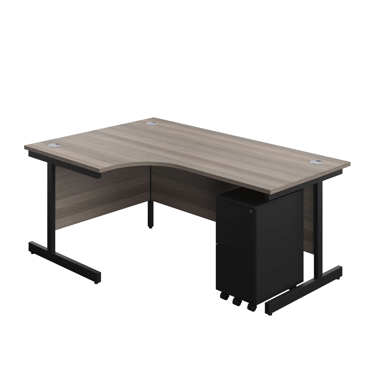 Single Upright Left Hand Radial Desk + Slimline Steel Pedestal 3 Drawers (FSC) | 1800 X 1200 | Grey Oak/Black
