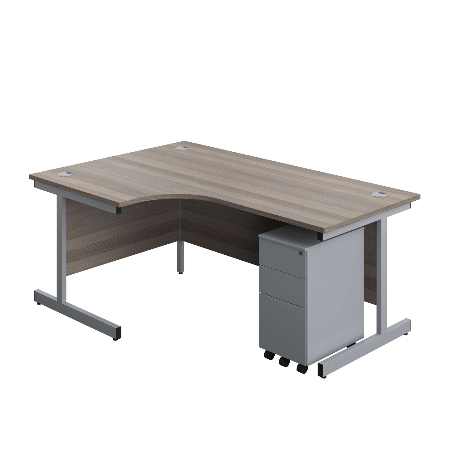 Single Upright Left Hand Radial Desk + Slimline Steel Pedestal 3 Drawers (FSC) | 1800 X 1200 | Grey Oak/Silver