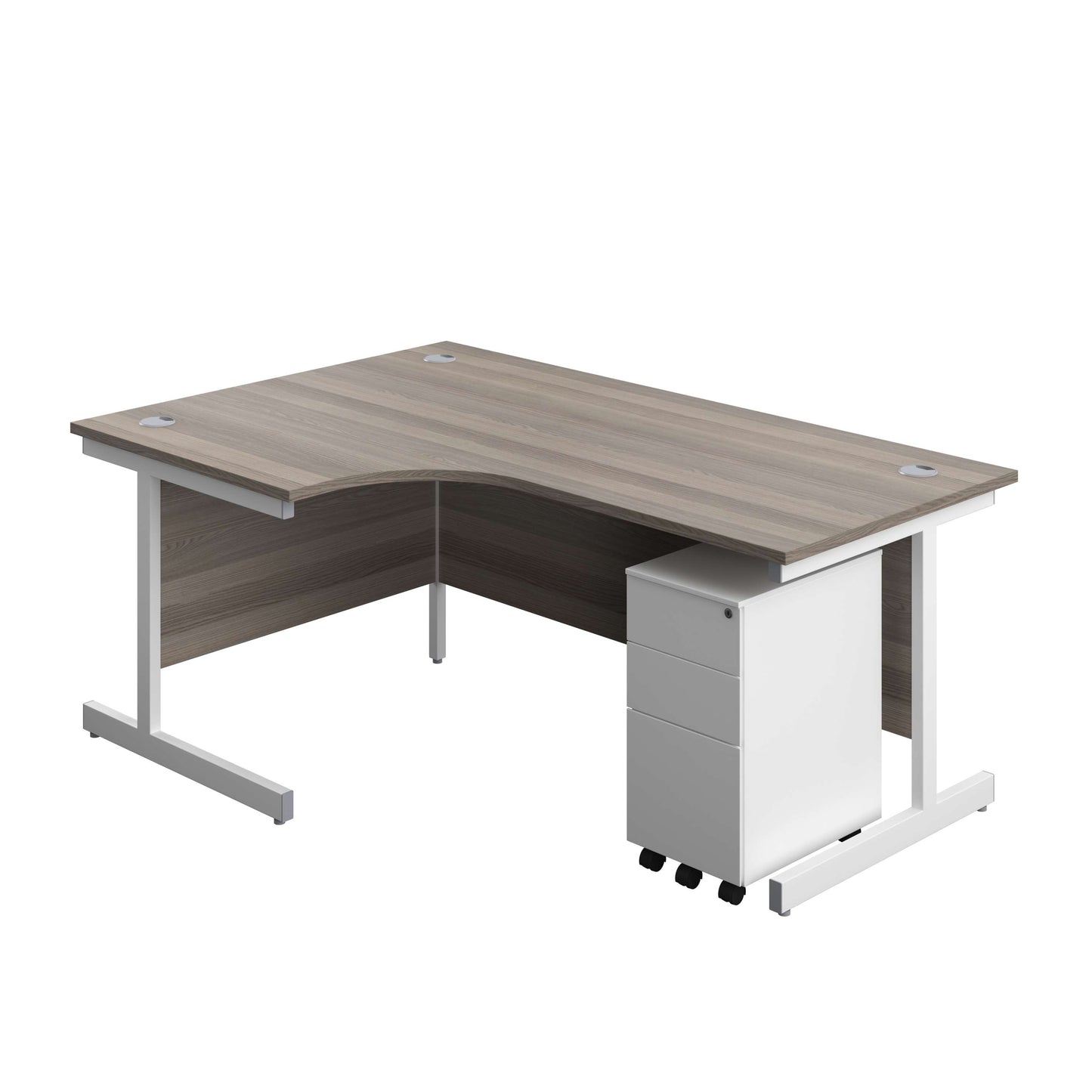 Single Upright Left Hand Radial Desk + Slimline Steel Pedestal 3 Drawers (FSC) | 1800 X 1200 | Grey Oak/White