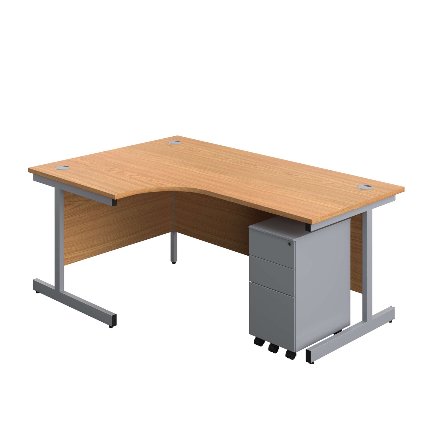 Single Upright Left Hand Radial Desk + Slimline Steel Pedestal 3 Drawers (FSC) | 1800 X 1200 | Nova Oak/Silver