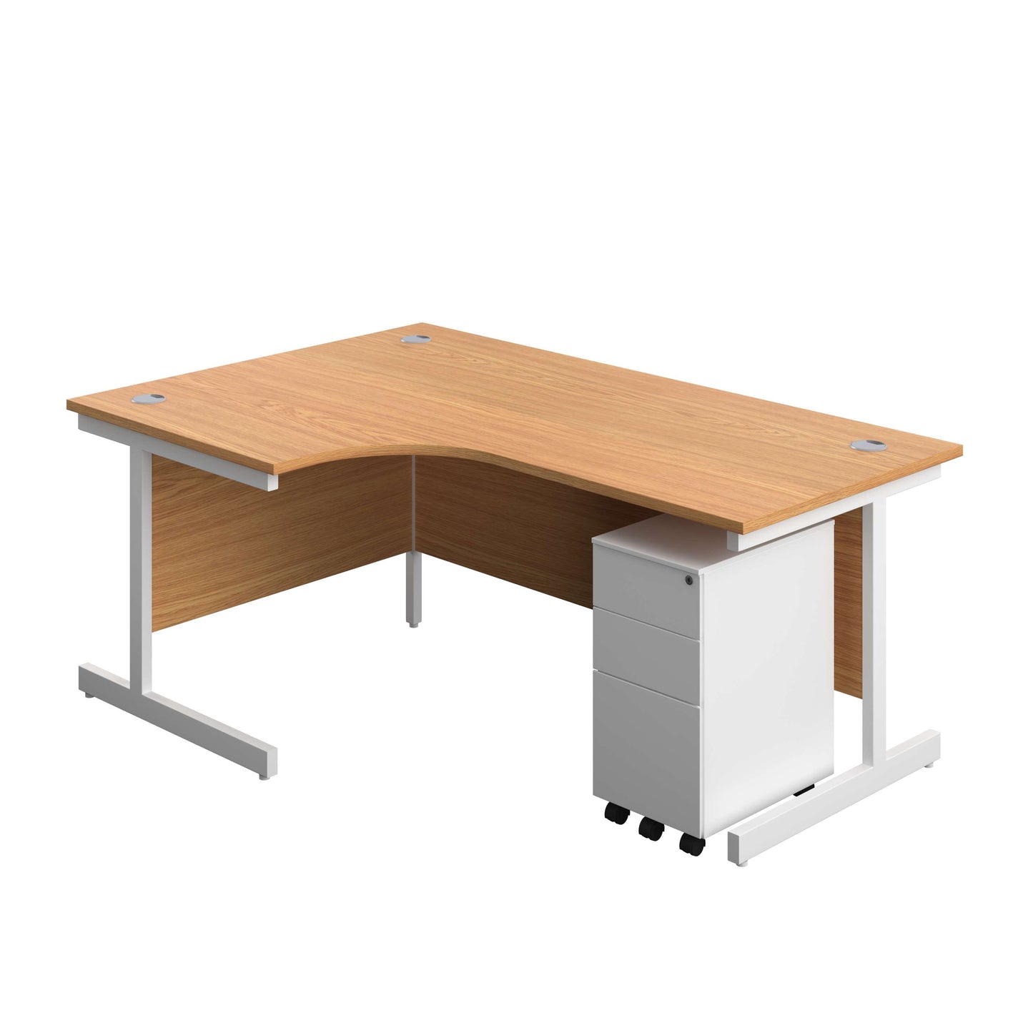 Single Upright Left Hand Radial Desk + Slimline Steel Pedestal 3 Drawers (FSC) | 1800 X 1200 | Nova Oak/White