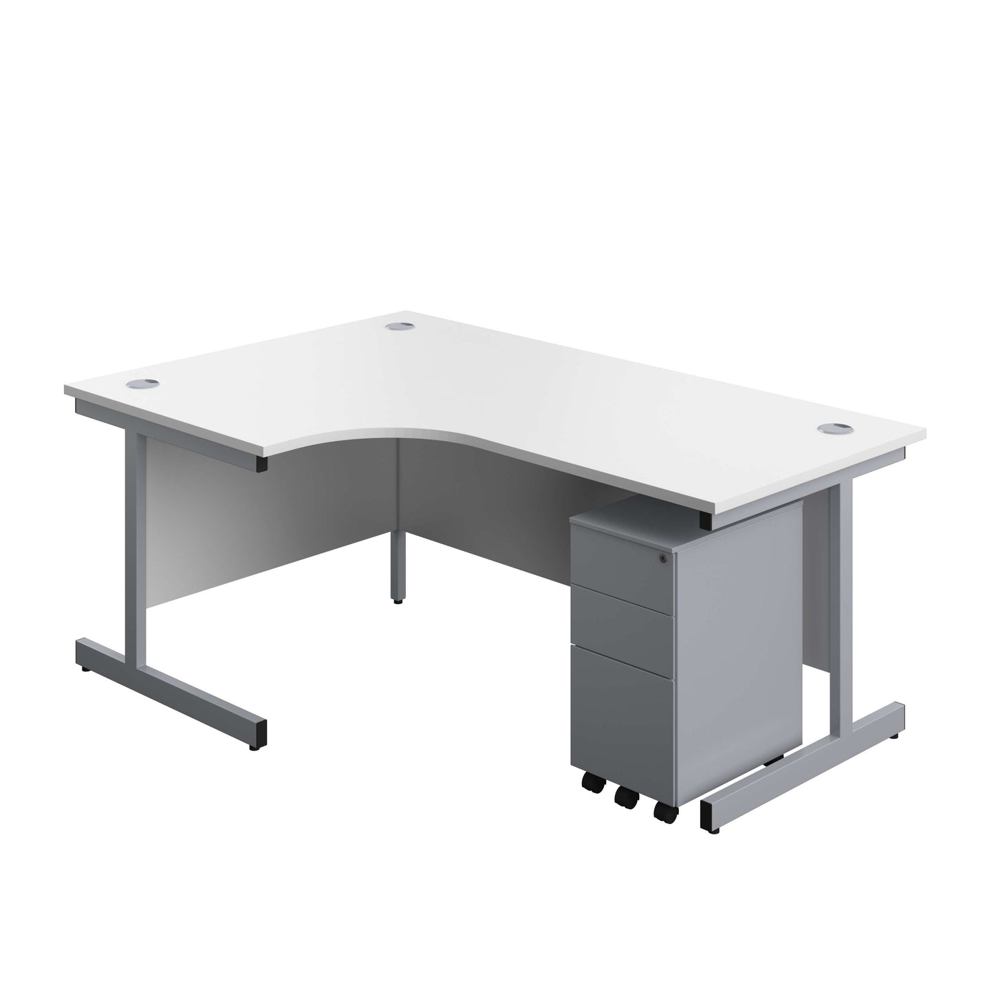 Single Upright Left Hand Radial Desk + Slimline Steel Pedestal 3 Drawers (FSC) | 1800 X 1200 | White/Silver