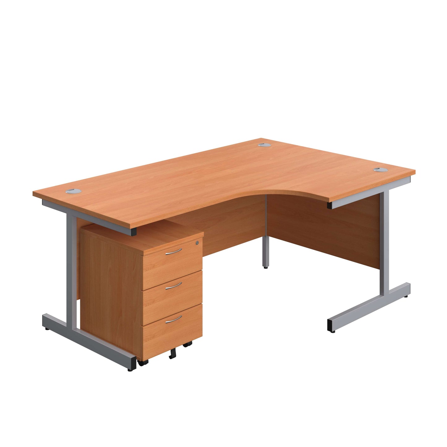 Single Upright Right Hand Radial Desk + Mobile 3 Drawer Pedestal (FSC) | 1800 X 1200 | Beech/Silver