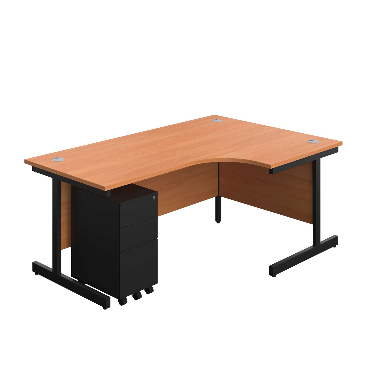 Single Upright Right Hand Radial Desk + Slimline Steel Pedestal 3 Drawers (FSC) | 1800 X 1200 | Beech/Black