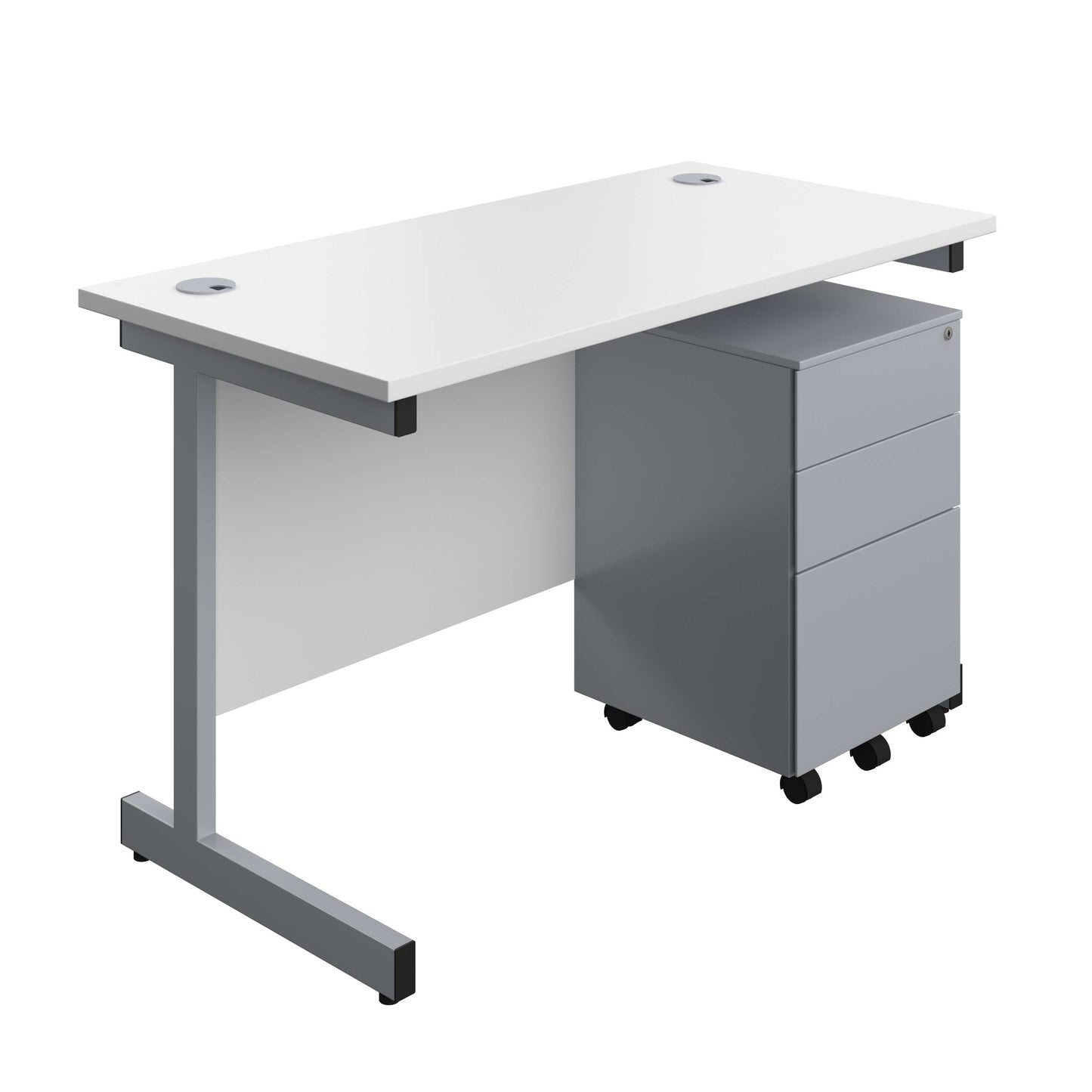 Single Upright Rectangular Desk + Under Desk Steel Pedestal 3 Drawers (FSC) | 1200 X 600 | White/Silver