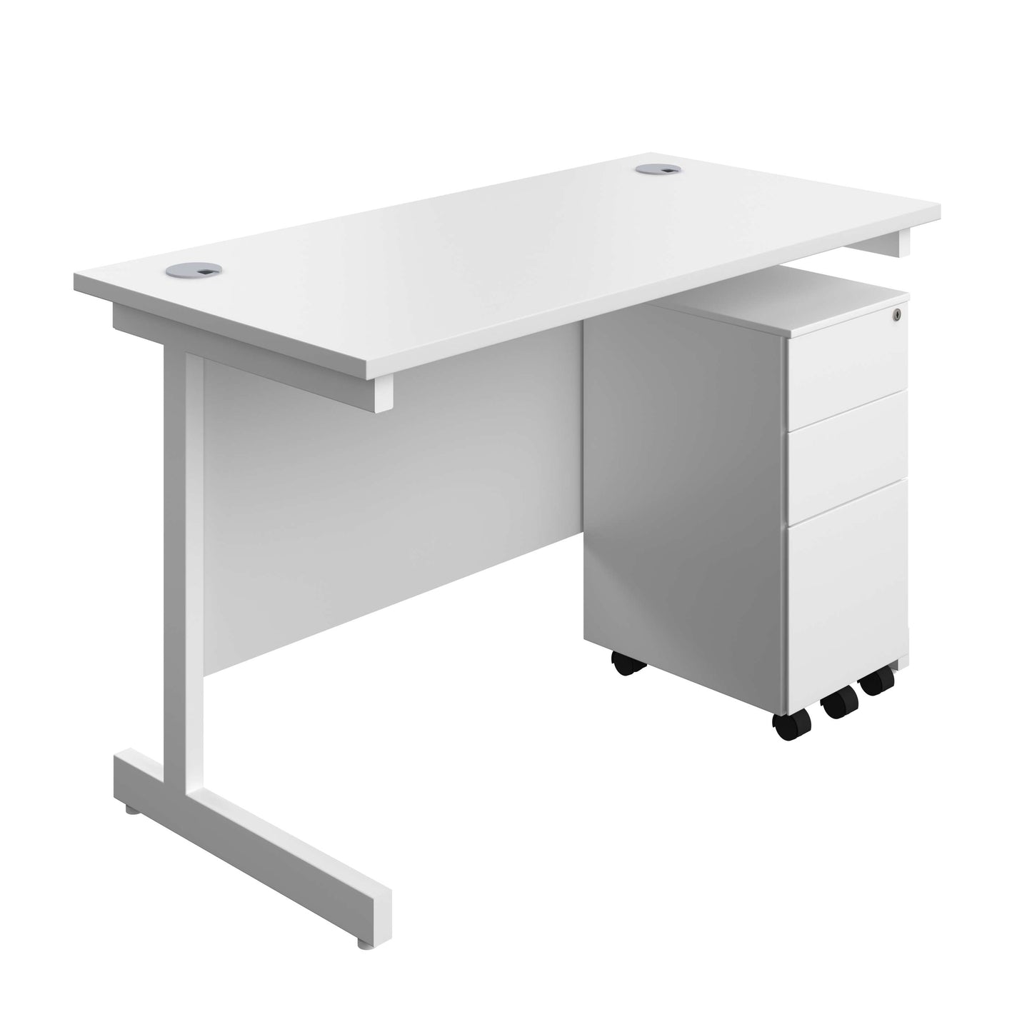 Single Upright Rectangular Desk + Slimline Steel Pedestal 3 Drawers (FSC) | 1200 X 600 | White/White