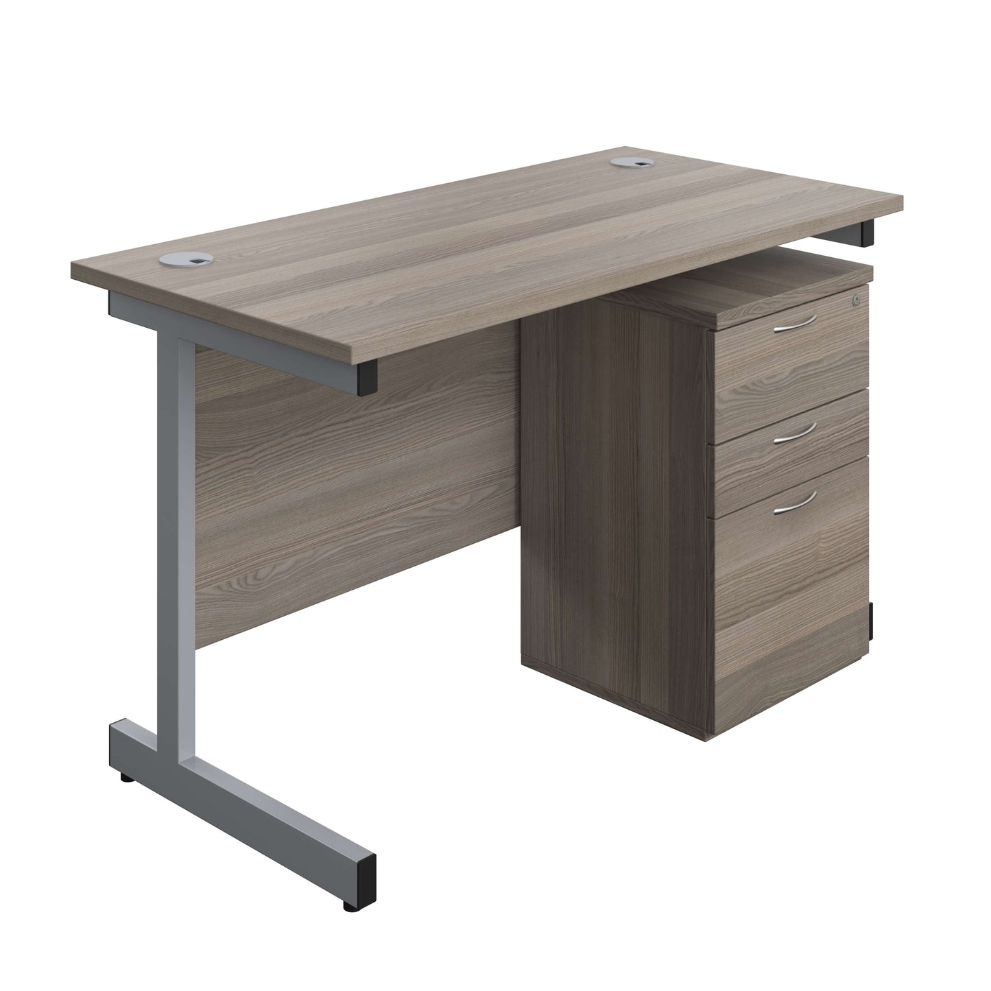 Single Upright Rectangular Desk + High Mobile Pedestal 3 Drawer (FSC) | 1200 X 600 | Grey Oak/Silver