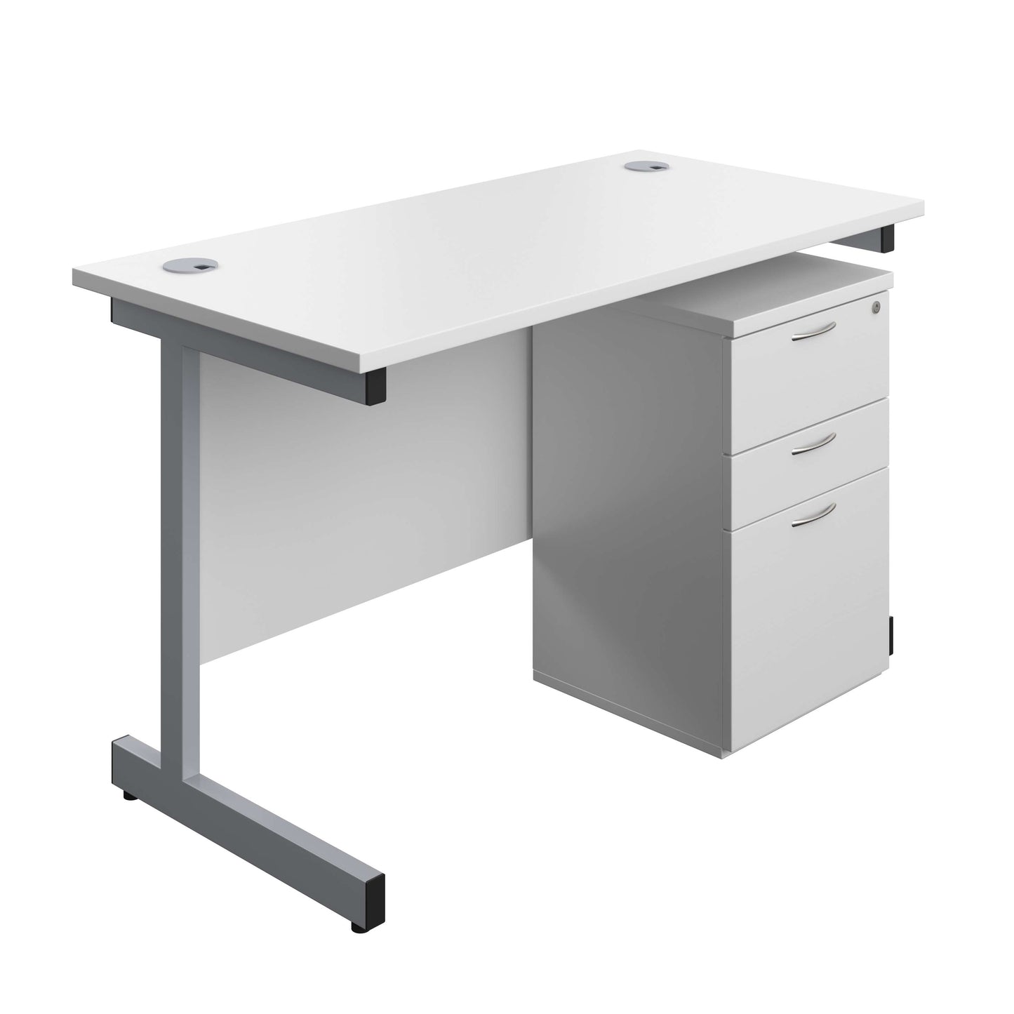 Single Upright Rectangular Desk + High Mobile Pedestal 3 Drawer (FSC) | 1200 X 600 | White/Silver